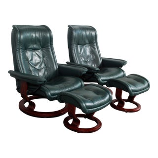 Pair of Ekornes Stressless Green Leather Lounge Chair & Ottomans - 4 Pieces For Sale