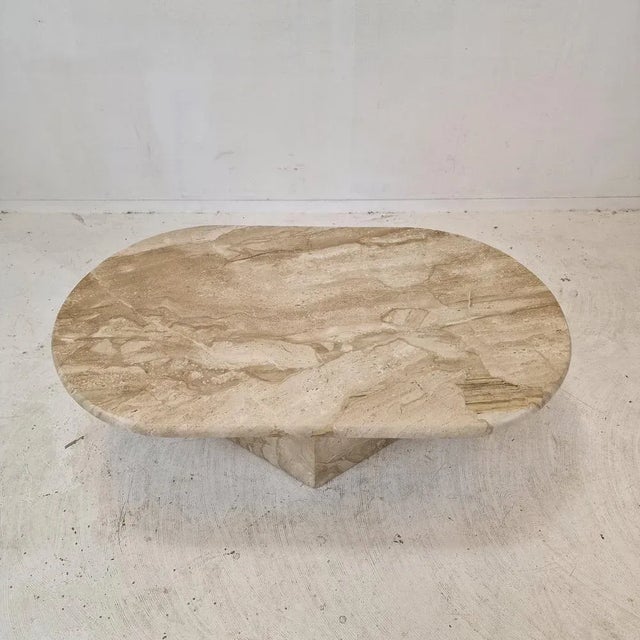 Stone Italian Oval Coffee Table in Travertine, 1980s For Sale - Image 7 of 13