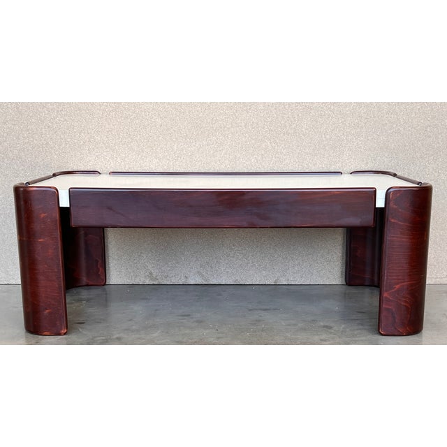 Elegant pair of mahogany coffee tables with white top in style of Afra & Tobia Scarpa for Cassina. Rectangular table :...