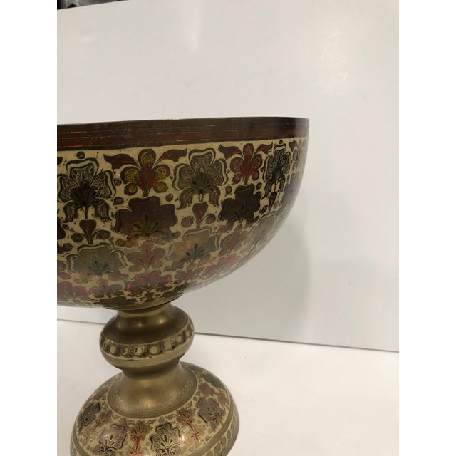 Vintage Persian Brass and Enamel Footed Bowl. Size: 12.25"D x 11.25"H
