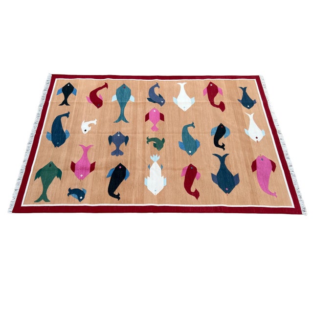Cotton Vegetable Dyed Tan and Red Fish Pattern Reversible Rug-6'x9' These special flat-weave dhurries are hand-woven with...