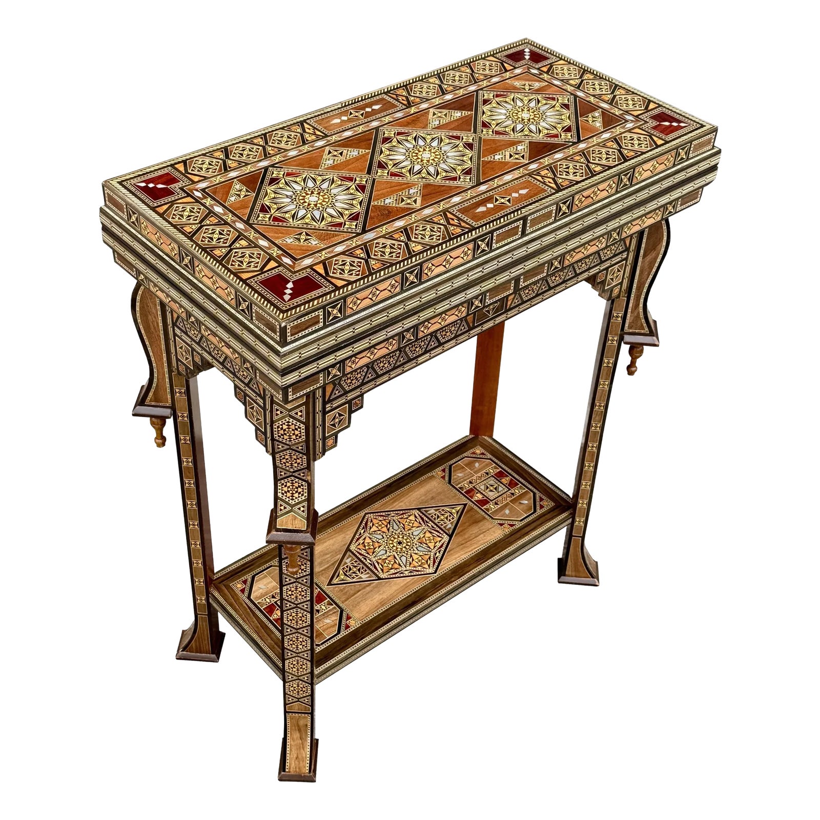 Marquetry Wood Inlaid With Mother of Pearl Folding Game Table | Chairish