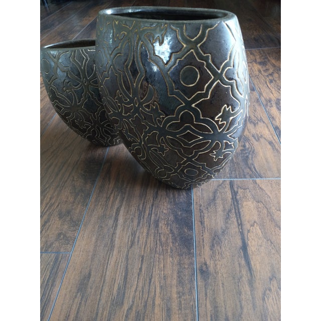 1990s Vintage Brown & Cream Ceramic Vases- Set of 2 For Sale - Image 9 of 9