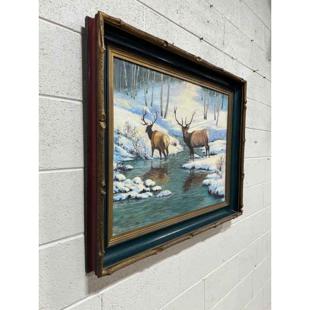 Rustic 1950s Deer Painting, Framed For Sale - Image 3 of 12
