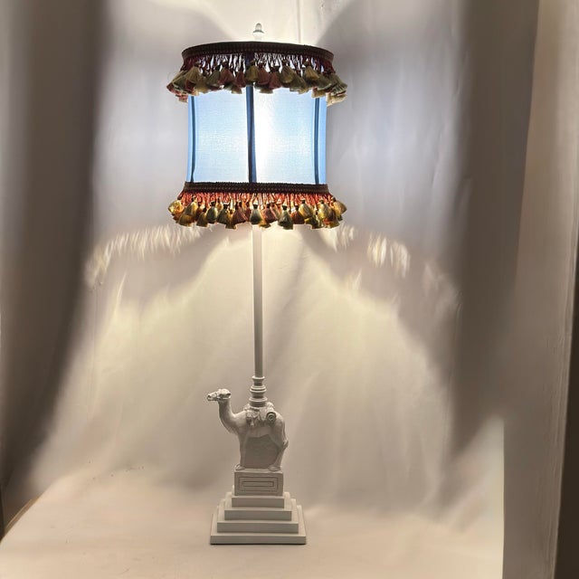 Chinoiserie Vintage White Lacquered Berman Camel Lamp With Custom Tassel Fringe Shade - Newly Painted For Sale - Image 3 of 13