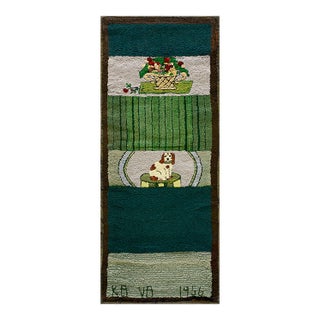 1950s Green Scene Pictorial Vintage American Hooked Rug 1'8" X 4' Handknotted Wool Carpet For Sale