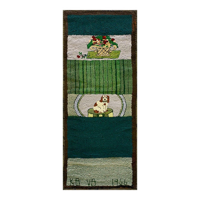 1950s Green Scene Pictorial Vintage American Hooked Rug 1'8" X 4' Handknotted Wool Carpet For Sale