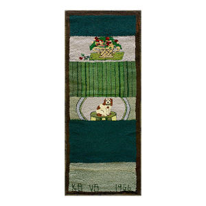 1950s Green Scene Pictorial Vintage American Hooked Rug 1'8" X 4' Handknotted Wool Carpet