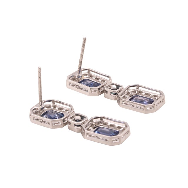 Octagon Sapphire and Diamond Platinum Drop Earrings - Fei Liu, Pair For Sale - Image 4 of 5