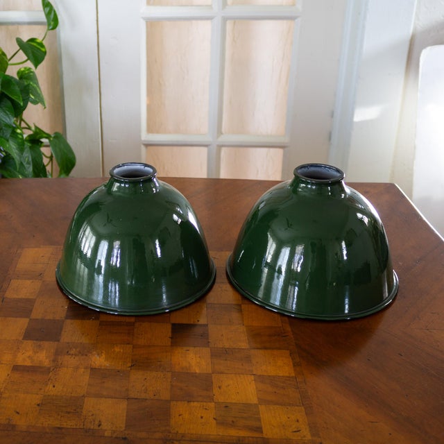 Forest Green Two Small Industrial Green and White Enamel Domed Factory Pendant Shades For Sale - Image 8 of 11