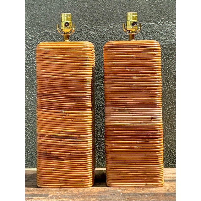 Chocolate Vintage Pencil Reed Table Lamps - A Pair For Sale - Image 8 of 14