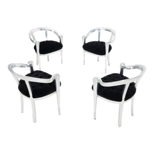 Mid 20th Century Italian Silver Leaf Decorated Carved Frames Rounded Barrel Back Shape Chairs- Set of 4