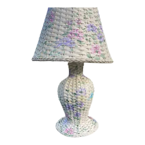 Vintage White Wicker Hand-Painted Table Lamp, 1980s