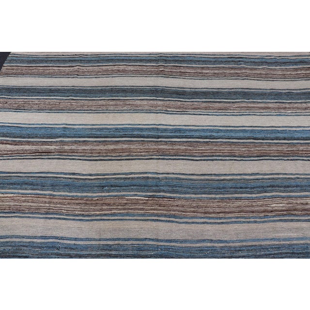 Textile Versatile Striped Design and Natural Brown, Cream, and Blue Flat-Weave Kilim 7'9 X 11'10 For Sale - Image 7 of 15
