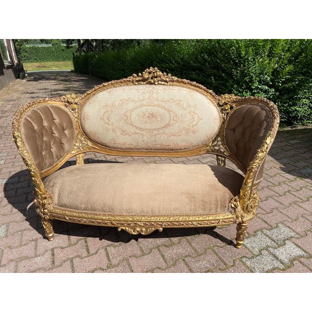 Tan 1900s French Louis XVI Gilt Beech Settee in Tan Velvet For Sale - Image 8 of 12