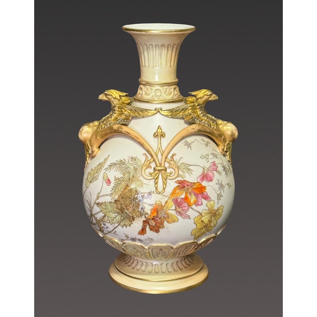 Ivory Antique Royal Worcester Porcelain 1892 Mythic Gryphon Gilt Handled Vase With Fall / Autumn Foliage #1570 Aesthetic Movement For Sale - Image 8 of 12