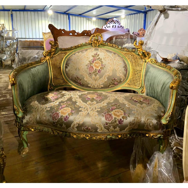 French French Louis XV Romantic Loveseat With Floral Damask Upholstery, Sage Green Velvet Panels, Cherubs & Hand-Gilded Gold Leaf Frame For Sale - Image 3 of 5