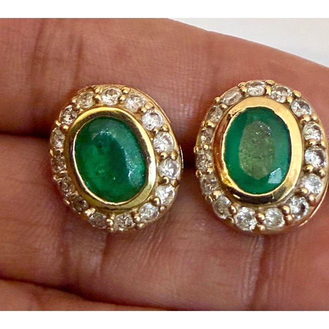 Gemstone 4 Carat Oval Shape Emerald & 1 Ct Diamond Post Back Earrings 14 Kt Yellow Gold For Sale - Image 7 of 18