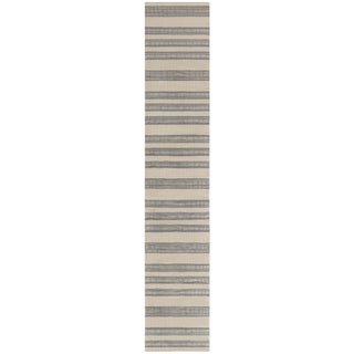 Dhurrie Modern Striped Beige With Blue Flatweave Runner "Colonna" For Sale