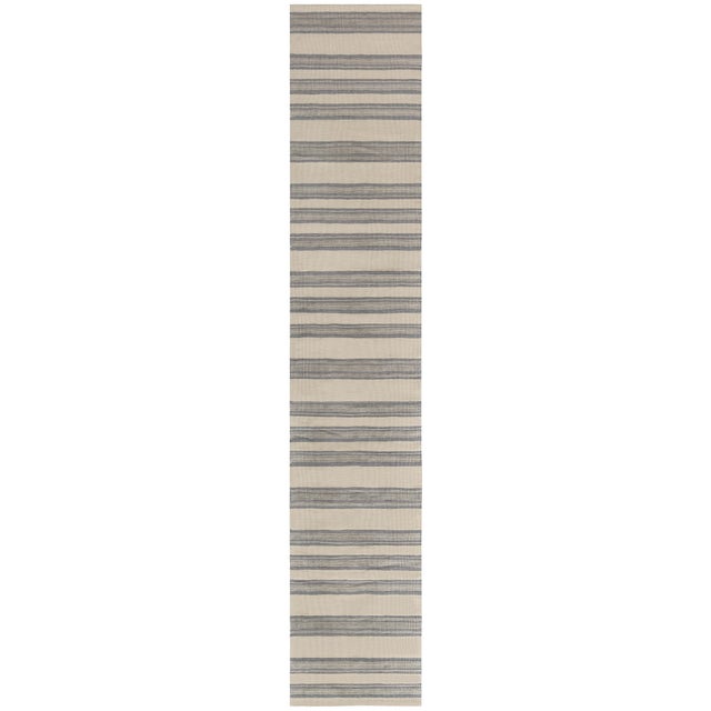 Dhurrie Modern Striped Beige With Blue Flatweave Runner "Colonna" For Sale