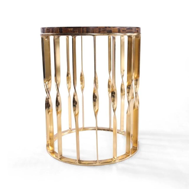 Rare Golden Tiger Eye Gemstone Luxe Side Table With Designer Brass Finish Base For Sale - Image 4 of 4