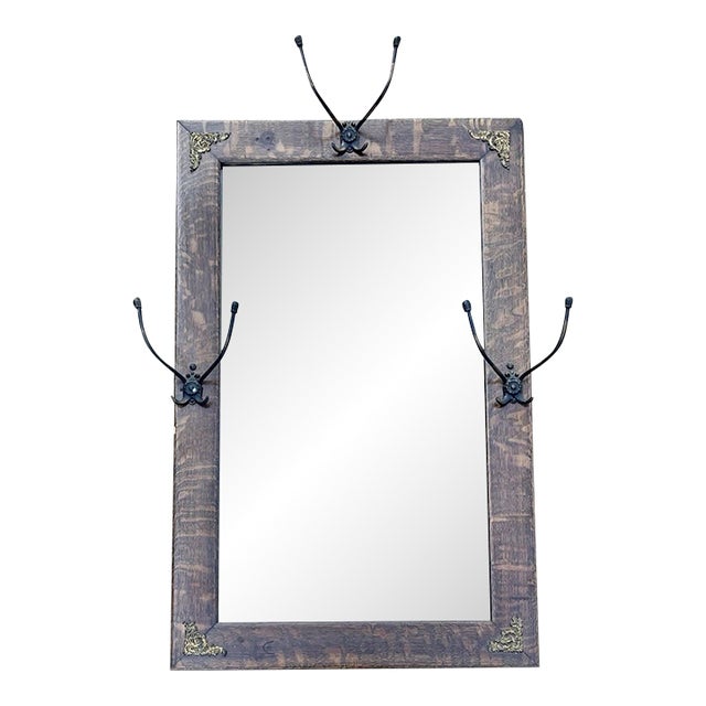 1910s Antique Tiger Oak Wooden Rectangle Beveled Wall Mirror & Hat Hooks For Sale