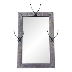 1910s Antique Tiger Oak Wooden Rectangle Beveled Wall Mirror & Hat Hooks