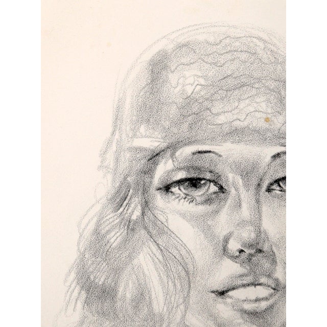 1970s Bohemian Woman - Rare and Signed Graphite Portrait Drawing on Textured Paper by Eugene Hawkins For Sale - Image 5 of 12