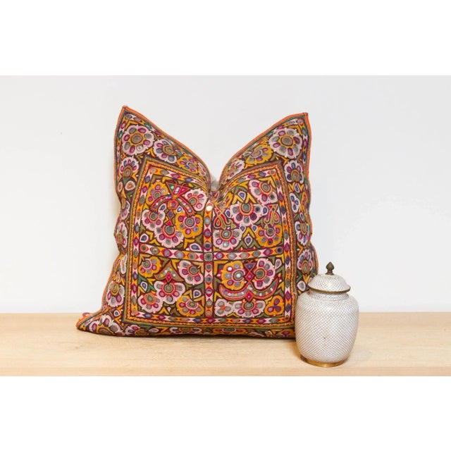 Yellow Chavi Rajasthani Embroidered Decorative Pillow For Sale - Image 8 of 8