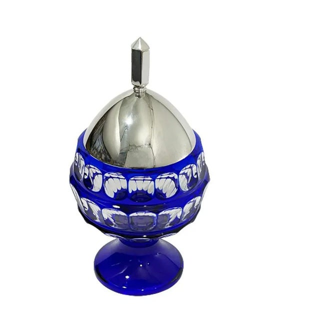 German Hermann Behrnd blue Bohemian crystal bowl with Silver lid, Dresden Blue Bohemian crystal bowl with Silver lid The...