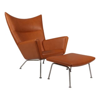 Set of Model CH445 Wing Chair and Ottoman in Full Grain Leather by Hans J. Wegner, 2000s, Set of 2 For Sale