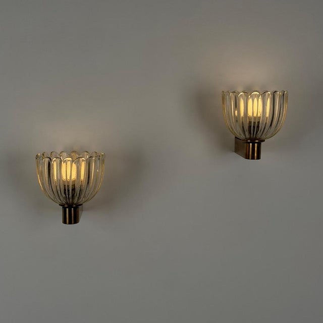 Murano Crystal Sconces with Suspended Gold Leaf Particles by E. Barovier for Erco, 1940s, Set of 2 For Sale - Image 6 of 18
