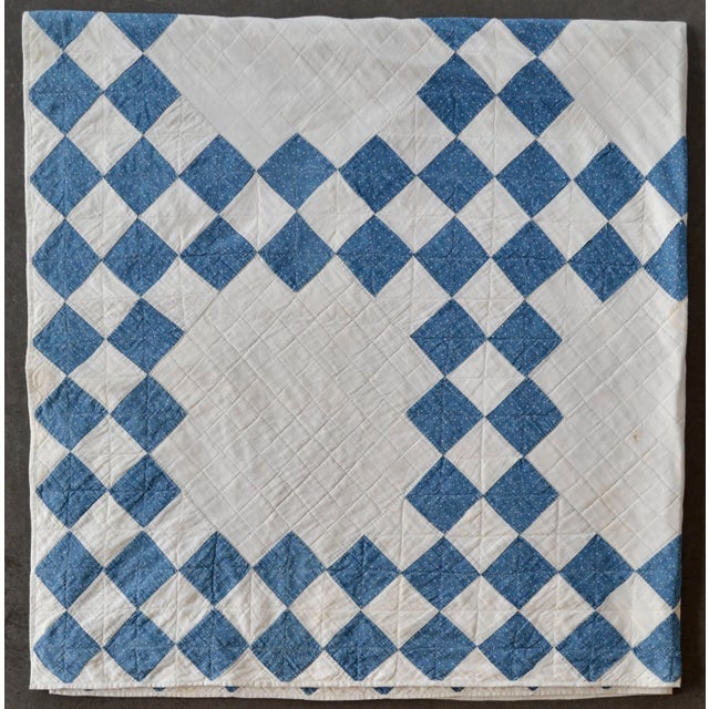 American 1940s Indigo and White Double Irish Chain Antique Quilt - For Sale - Image 3 of 10