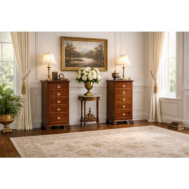 Wood Pair of Federal Style Narrow Mahogany Dressers | 1920's Skinny Nightstands Glass Knobs For Sale - Image 7 of 13