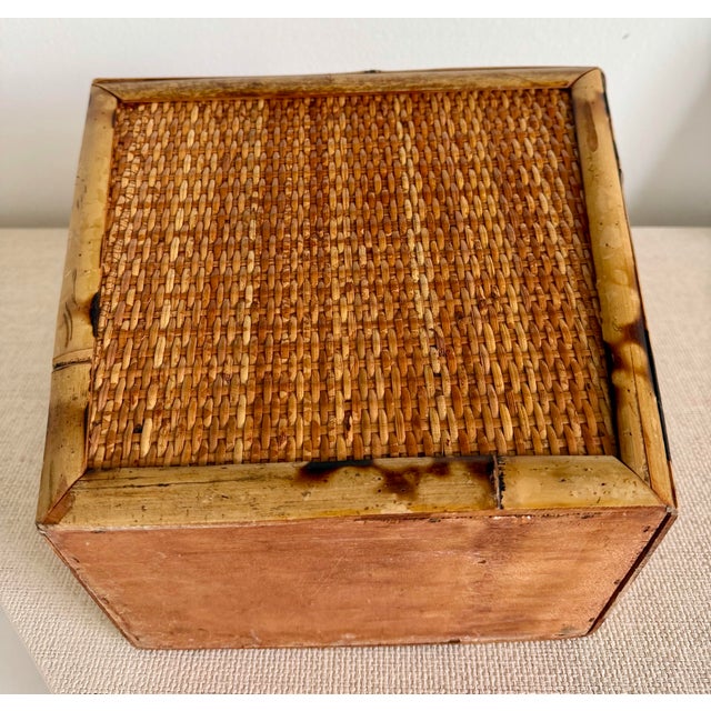Wood Burnt Tortoise Bamboo Woven Rattan Wastebasket For Sale - Image 7 of 9