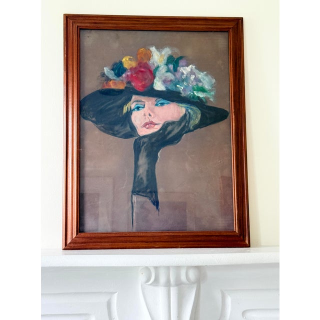 Intage Fashion Illustration Style Pastel Portrait of Woman in Black Hat, 1980s For Sale In New York - Image 6 of 9