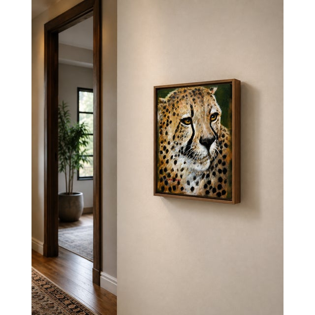 Realism Original Cheetah Portrait Oil Painting on Canvas | Wildlife Art | 8x10 | Signed Prescott For Sale - Image 3 of 4