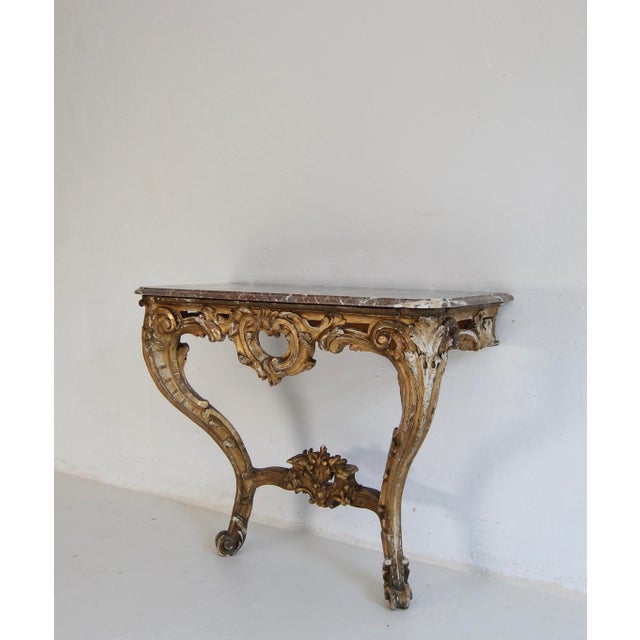 Gold Louis XV Style Carved Giltwood Console Table with Marble Top, 19th Century For Sale - Image 8 of 18