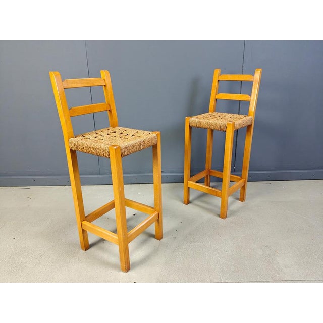 1960s Vintage Oak and Papercord Bar Stools, 1960s, Set of 4 For Sale - Image 5 of 15