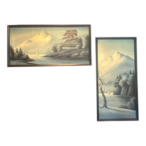 Vintage Japanese Landscape Framed Paintings - a Pair