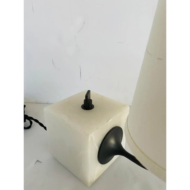 Original retail $411, unique Revelation Blockhead Gooseneck Alabaster Mini Lamp, bronze finished metal, white fabric...