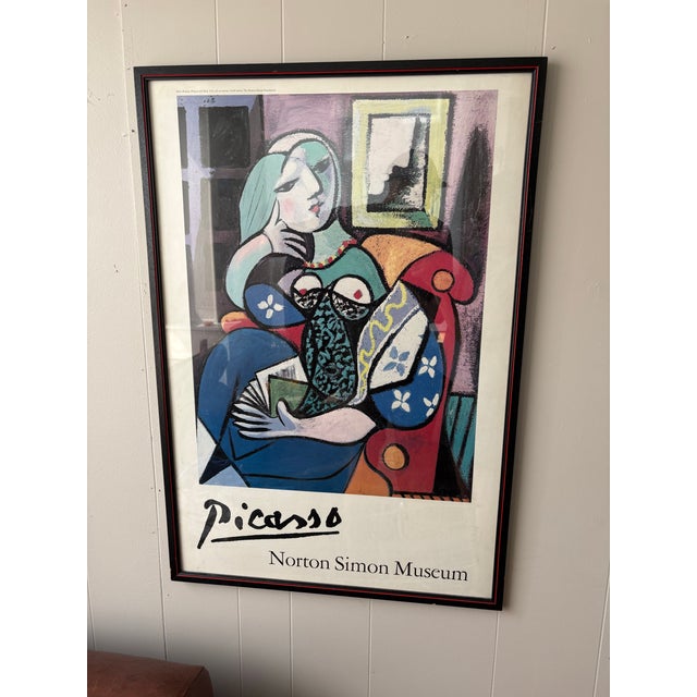 Pablo Picasso Vintage Framed Pablo Picasso “Woman with Book” Norton Simon Museum Exhibition Poster For Sale - Image 4 of 12