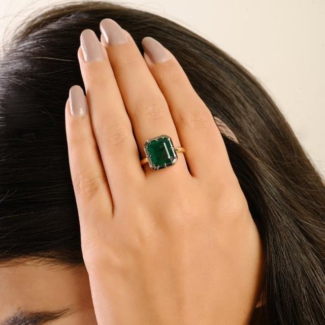 Not Yet Made - Made To Order 1930s Inspired Traditional 4 Carat Emerald Pinion Bezel Ring Size 6 in 18k Yellow Gold For Sale - Image 5 of 16