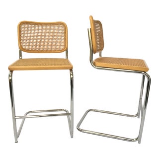 Cesco Marcel Breuer Style Chrome & Cane Barstools - A Pair For Sale