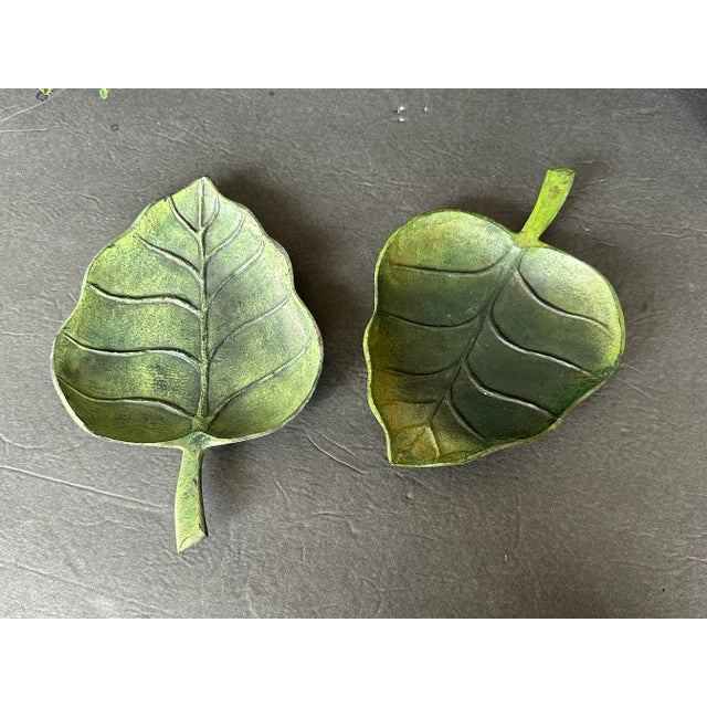 Metal Green Leaf Trinket Tray Set of 2 For Sale In New York - Image 6 of 12
