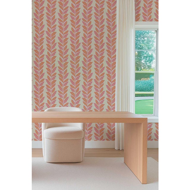 Garden Leaf Stripe Grasscloth Wallpaper by House Party | Blush Pink & Coral | 8 Yards For Sale - Image 4 of 7