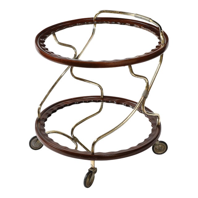 Mid-Century Modernist Two-Tier Walnut, Polished Brass & Glass Serving Cart For Sale