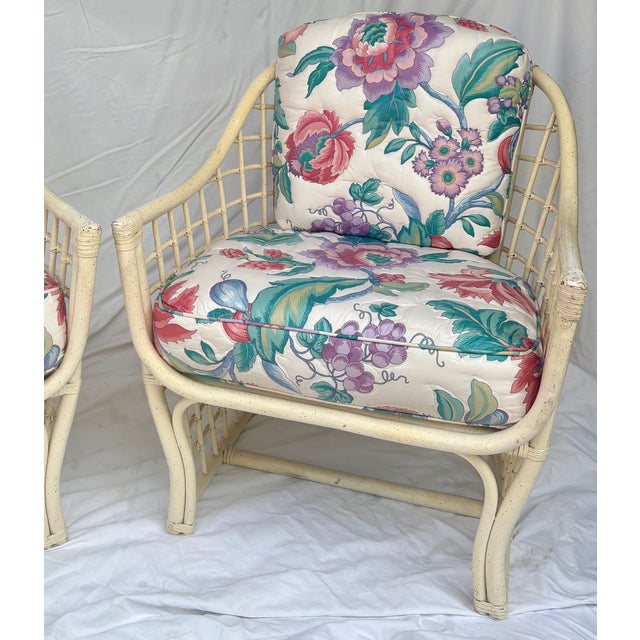 Ficks Reed 1980's Rattan Lattice Barrel Lounge Chairs With Chinoiserie Cushions in the Style of Ficks Reed a Pair For Sale - Image 4 of 16