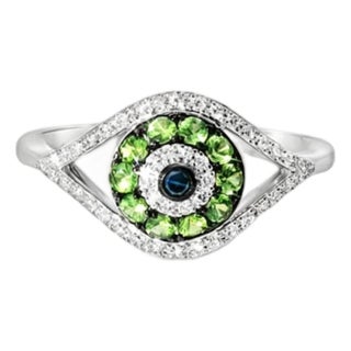 Late 20th Century Size 7 14K White Gold Tsavorite Diamond Evil Eye Ring Estate by EFFY For Sale