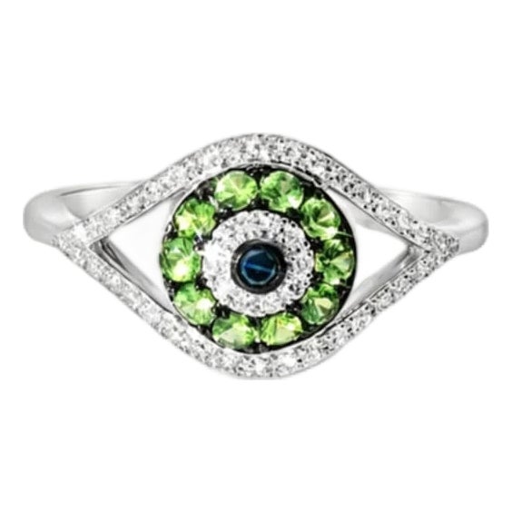 Late 20th Century Size 7 14K White Gold Tsavorite Diamond Evil Eye Ring Estate by EFFY For Sale